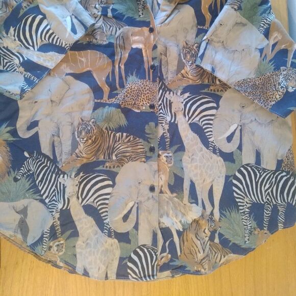 Vintage Lady Caribou Jungle Animal Zebra Elephant Tiger Hawaiian Shirt - Picture 3 of 7
